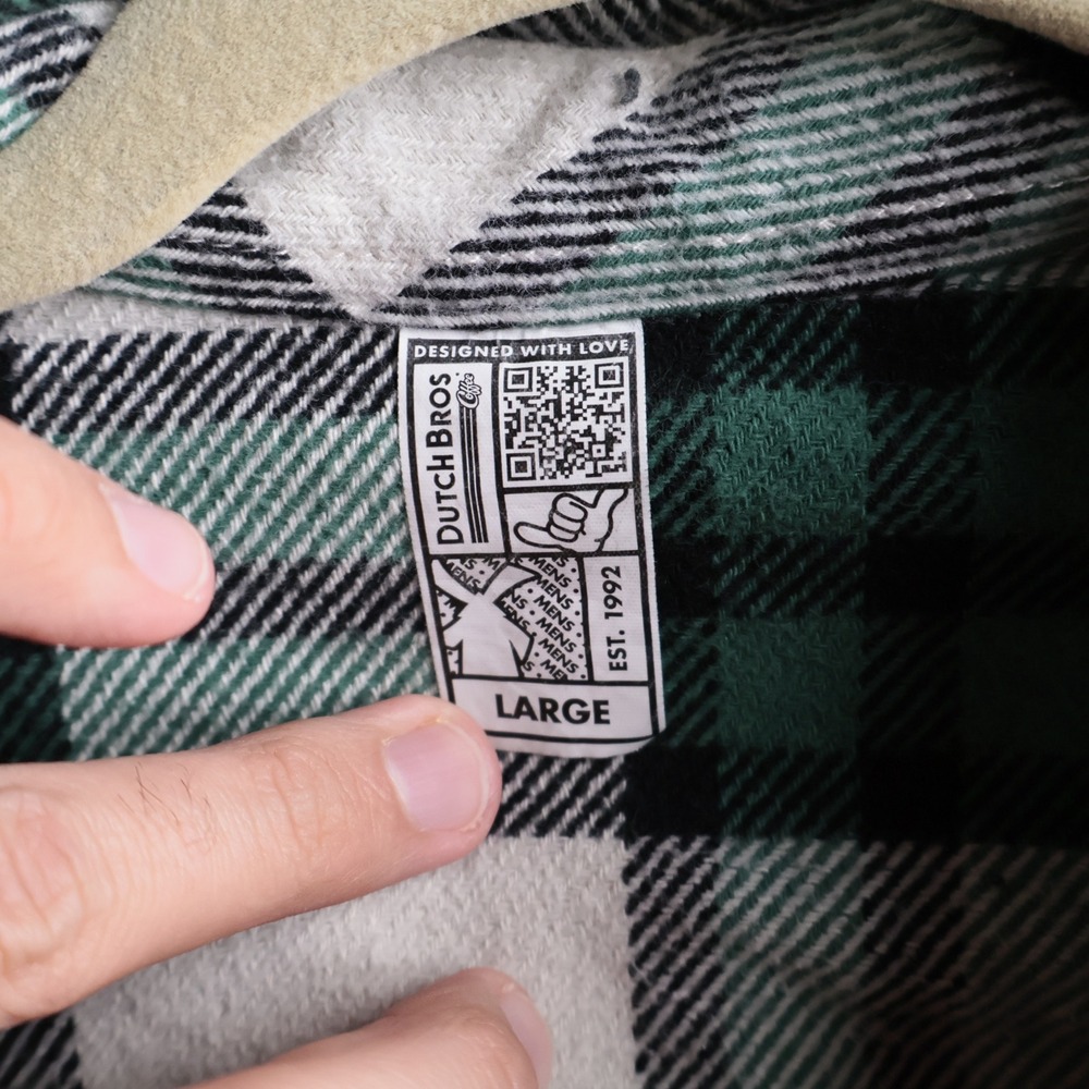 Dutch Bros Coffee Green White Plaid Flannel Button Down Shirt Mens Large - Picture 2 of 6